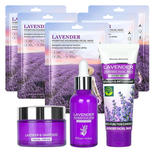 OKAQEE Lavender Skincare Set - 8PCS Facial Skin Care Set with Lavender Face Mask, Face Serum, Face Cream and Facial Wash