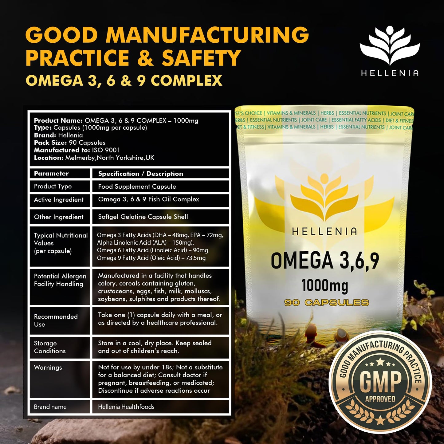 Omega 3 6 9 Capsules High Strength | 1000mg - 90 Softgel Capsules | Supports Maintenance of Normal Blood Cholesterol | Omega 369 with EPA, DHA & ALA from Fish Oil - Made for Hellenia