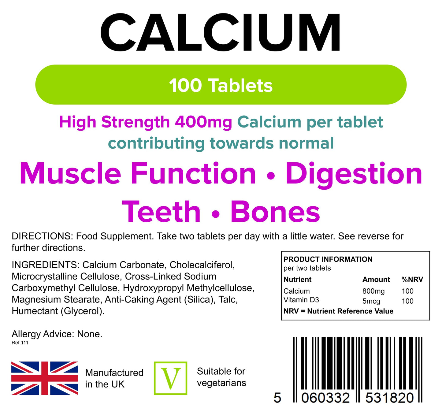 Lindens Calcium 400mg Tablets with Vitamin D3-100 Tablets - Contributes to Normal Muscle Function, Bones, Teeth and Digestion - 50 Days - UK Manufacturer, Letterbox Friendly