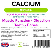 Lindens Calcium 400mg Tablets with Vitamin D3-100 Tablets - Contributes to Normal Muscle Function, Bones, Teeth and Digestion - 50 Days - UK Manufacturer, Letterbox Friendly
