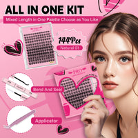 PRO LASHBEAUTY DIY Lash Clusters Kit with 144 Pcs Individual Lashes Cluster Lashes Bond and Seal Eyelash Extension Kit for Beignner (Natural01-D-8-16mix)