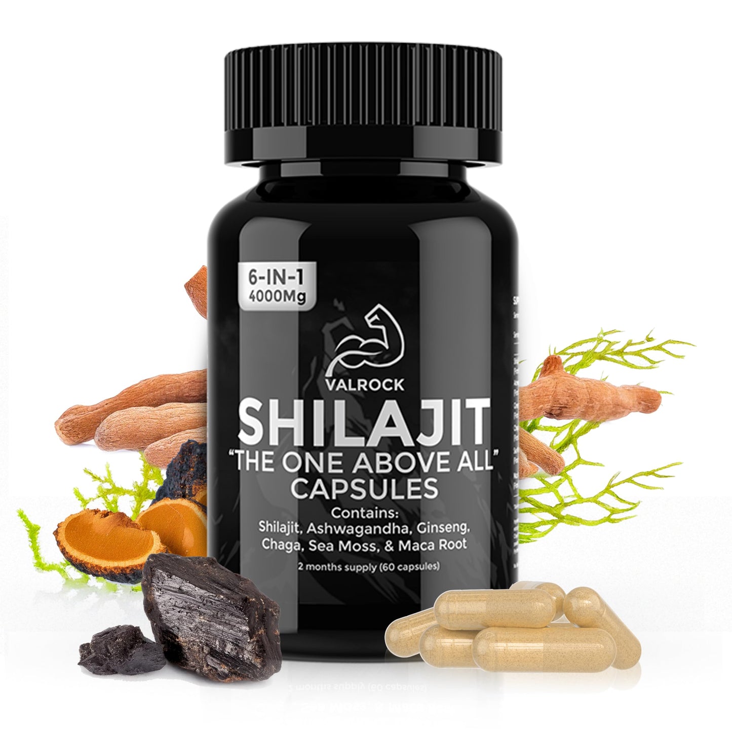 Valrock Shilajit 6-in-1 Capsules 4,000mg - 60 Days - Added Ashwagandha, Maca Root, Chaga, Ginseng & Sea Moss - High Strength Muscle Building & Performance Capsules for Men & Women