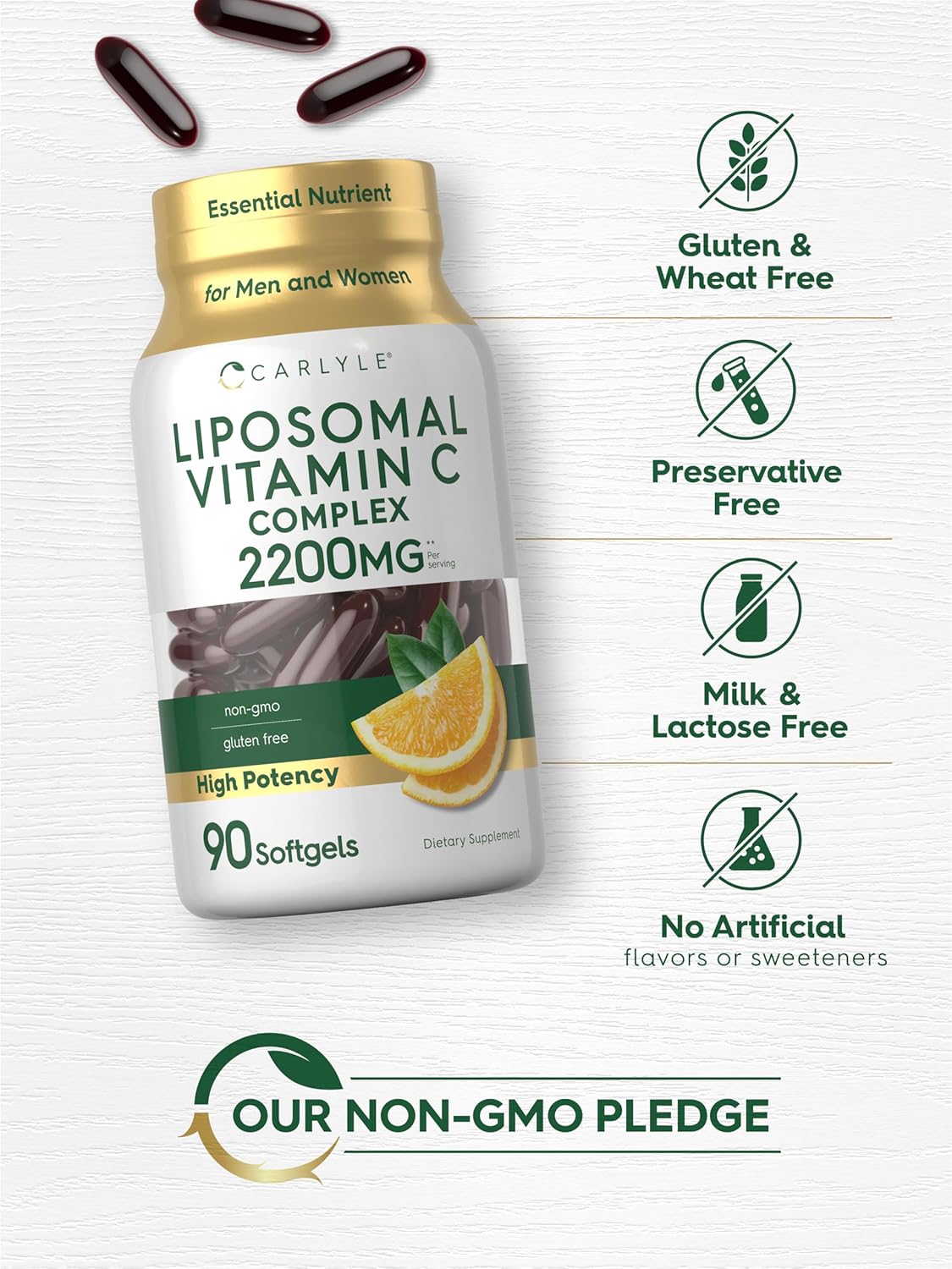 Carlyle Liposomal Vitamin C | 2200mg | 90 Softgels | High Potency Complex Supplement | Non-GMO, Gluten Free Supplement Packaging May Vary