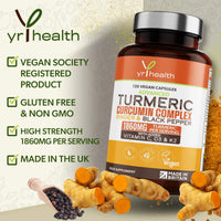 yrhealth Turmeric Capsules High Strength 1860mg with Black Pepper, Ginger, Vitamin C & D for Immune System & Joints Plus K2 Mk7-120 Vegan Capsules Premium Turmeric Curcumin – Made in The UK By YrHealth