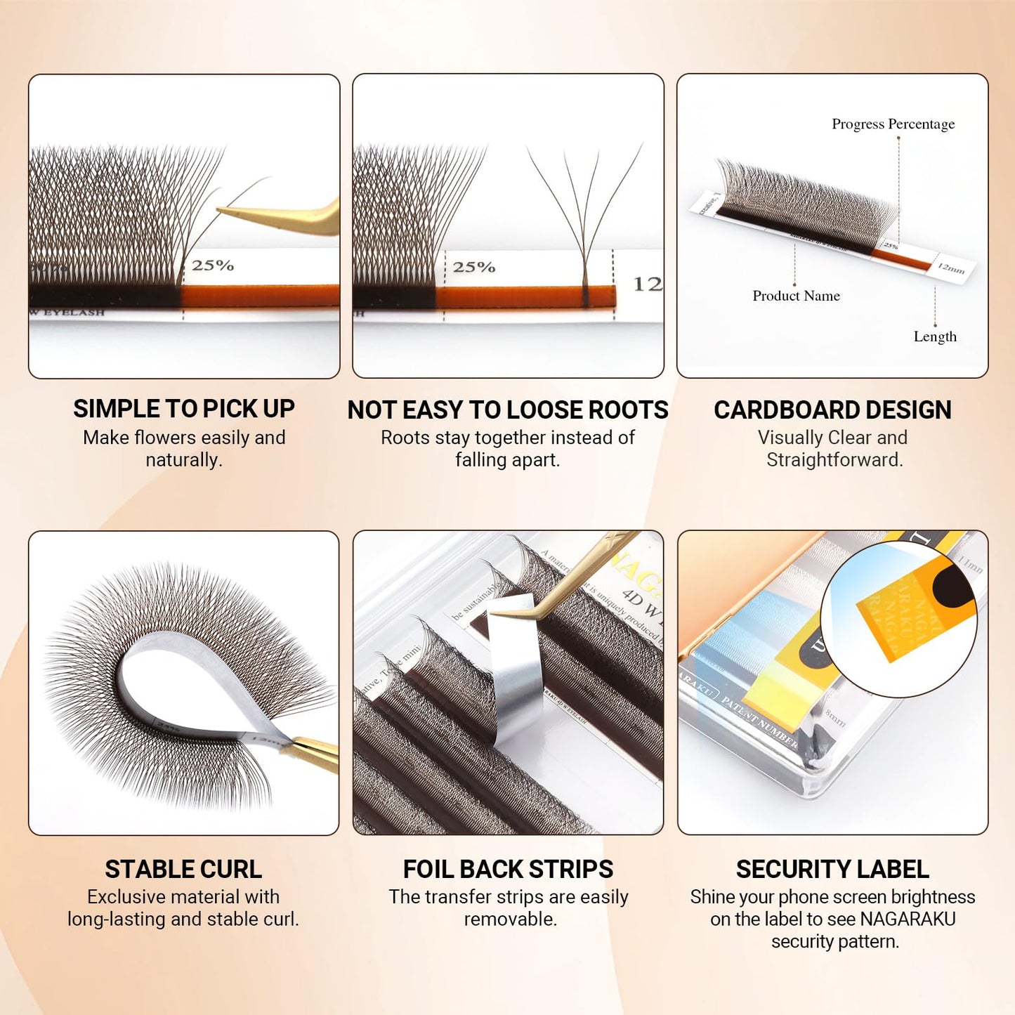 NAGARAKU Dark Brown 4D Lashes，W Shape Eyelash Extensions 0.07mm C Curl 8-15mm Mix Volume Lashes Hand Woven Long Stem Matte Black Premade Fans 4 Tips False Eyelash