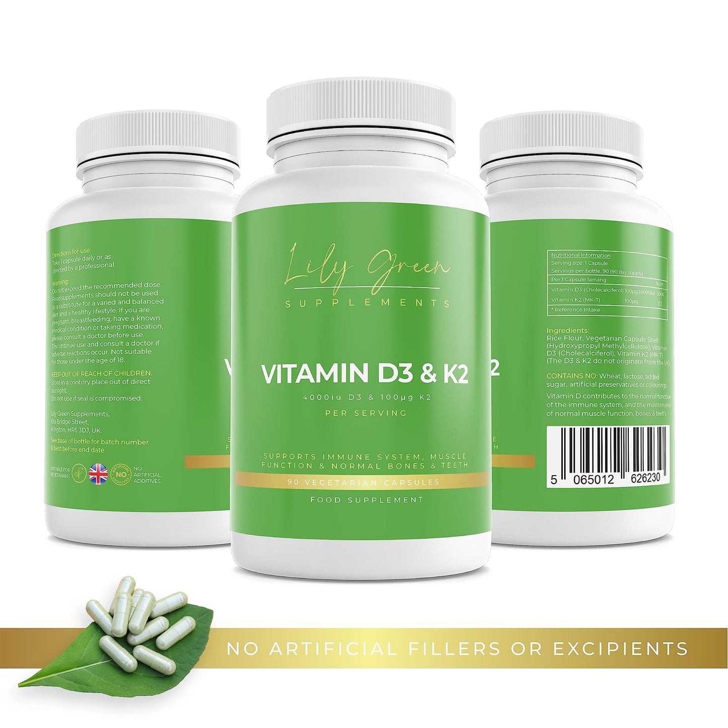 Lily Green Supplements Lily Green | Vitamin D3 4000iu & Vitamin K2 100μg (MK-7) | 90 Vegetarian Capsules - 3 Months Supply | Immune Support, Muscle Function, Bones & Teeth | No Artificial Additives | Made in UK