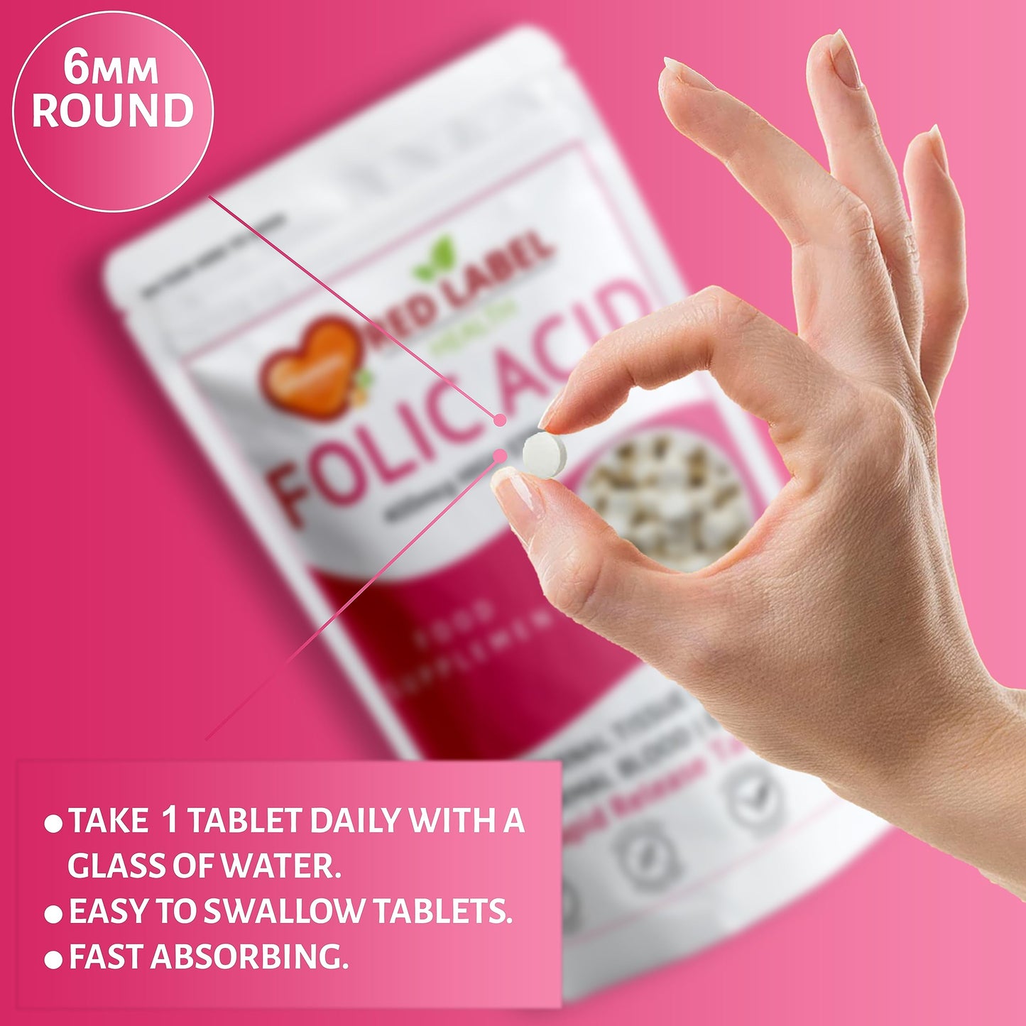 Red Label Health Folic Acid Pregnancy Tablets 400 mcg, 365 Vitamin B9 Tablets (1 Year Supply) High Strength Folate Fertility Supplement for Women, Vegan, Vegetarian, Made in The UK