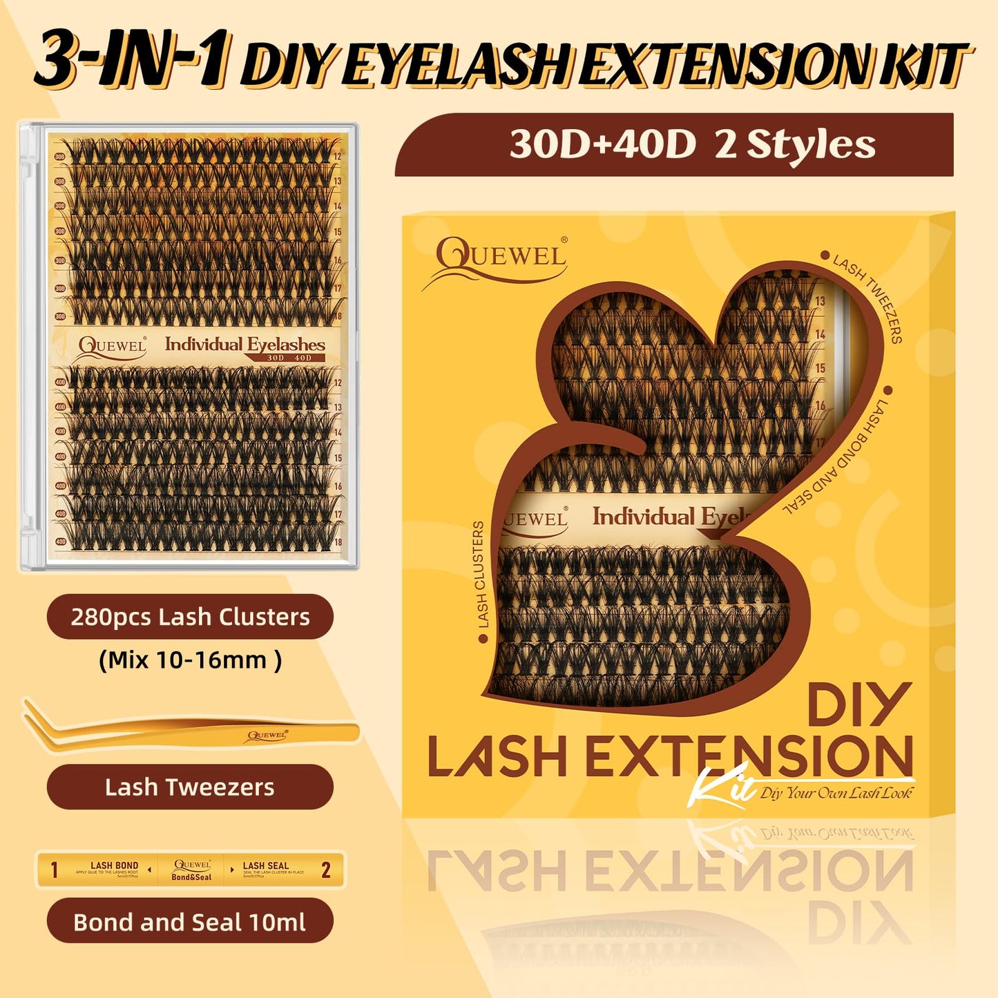 QUEWEL Individual-Eyelashes Kit 280Pcs Cluster Lashes Kit, DIY Lash Extension D Curl Lashes Individual Cluster with Lash Bond and Seal and Lash Tweezers (DJ-30D+40D KIT)
