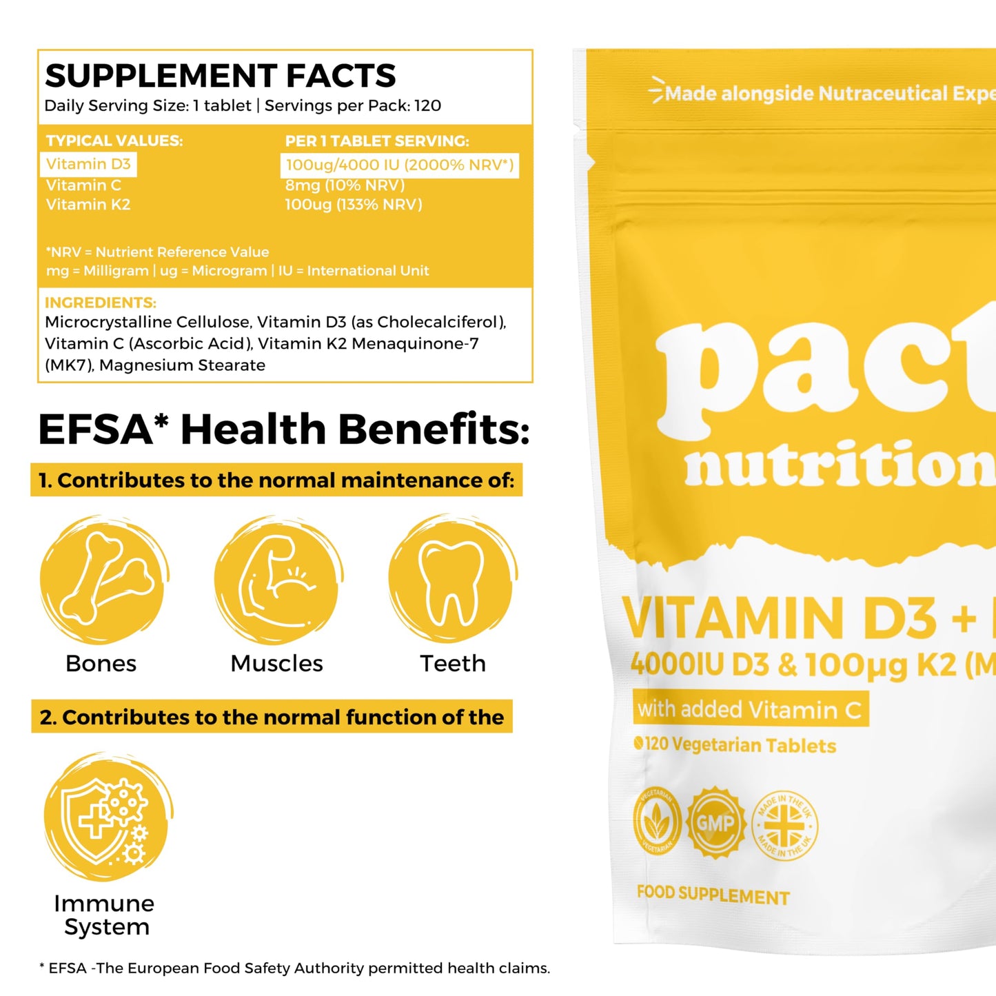 Vitamin D3 4000IU & Vitamin K2 MK7 100μg with Vitamin C - Vitamin D3 K2 High Strength VIT D Supplement - 120 Vegetarian Tablets - Easy to Swallow, High Strength One Per Day Formula - Pact Nutrition