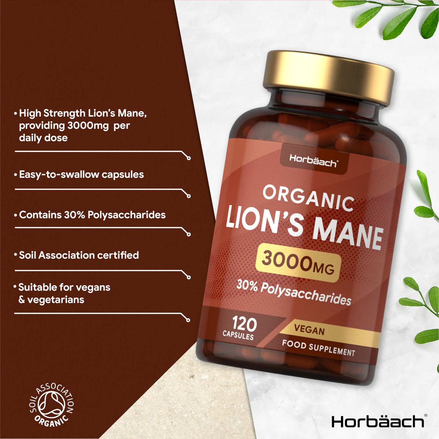 Organic Lions Mane Supplement 3000mg | High Strength Mushroom Extract | 120 Vegan Capsules | by Horbaach