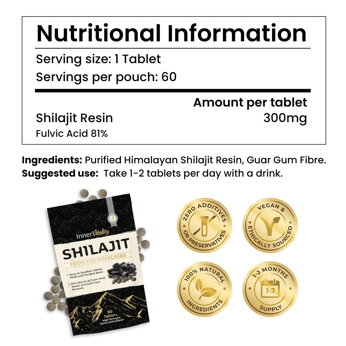 Shilajit Resin Tablets with 81% Fulvic Acid, Himalayan Shilajit Third-Party Purity & Potency Tested. Minerals, Immune System & Energy by Inner Vitality