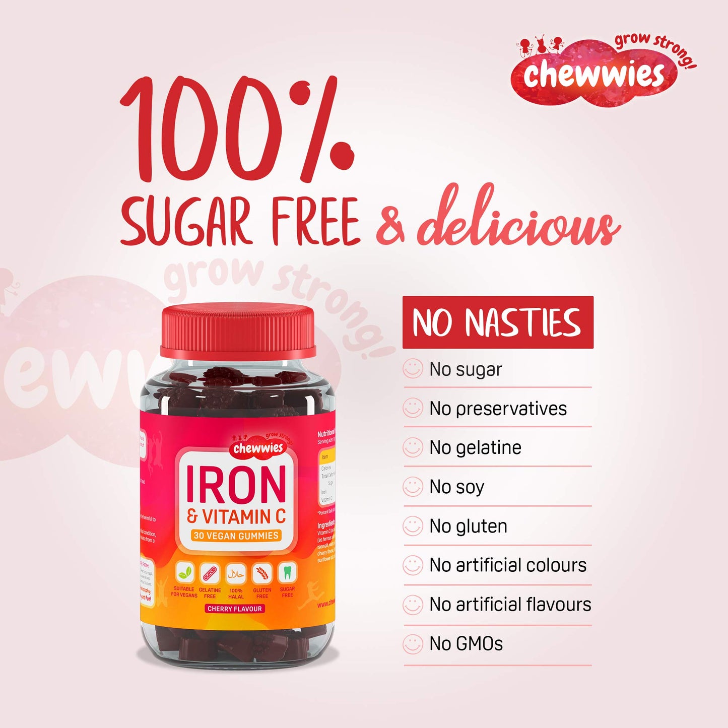 Iron & Vitamin C - Vegan Chewable Gummies - Sugar Free Ferrous Sulfate Iron | Helps Strengthen Your Immune System | 1-Month Supply by Chewwies Vitamins