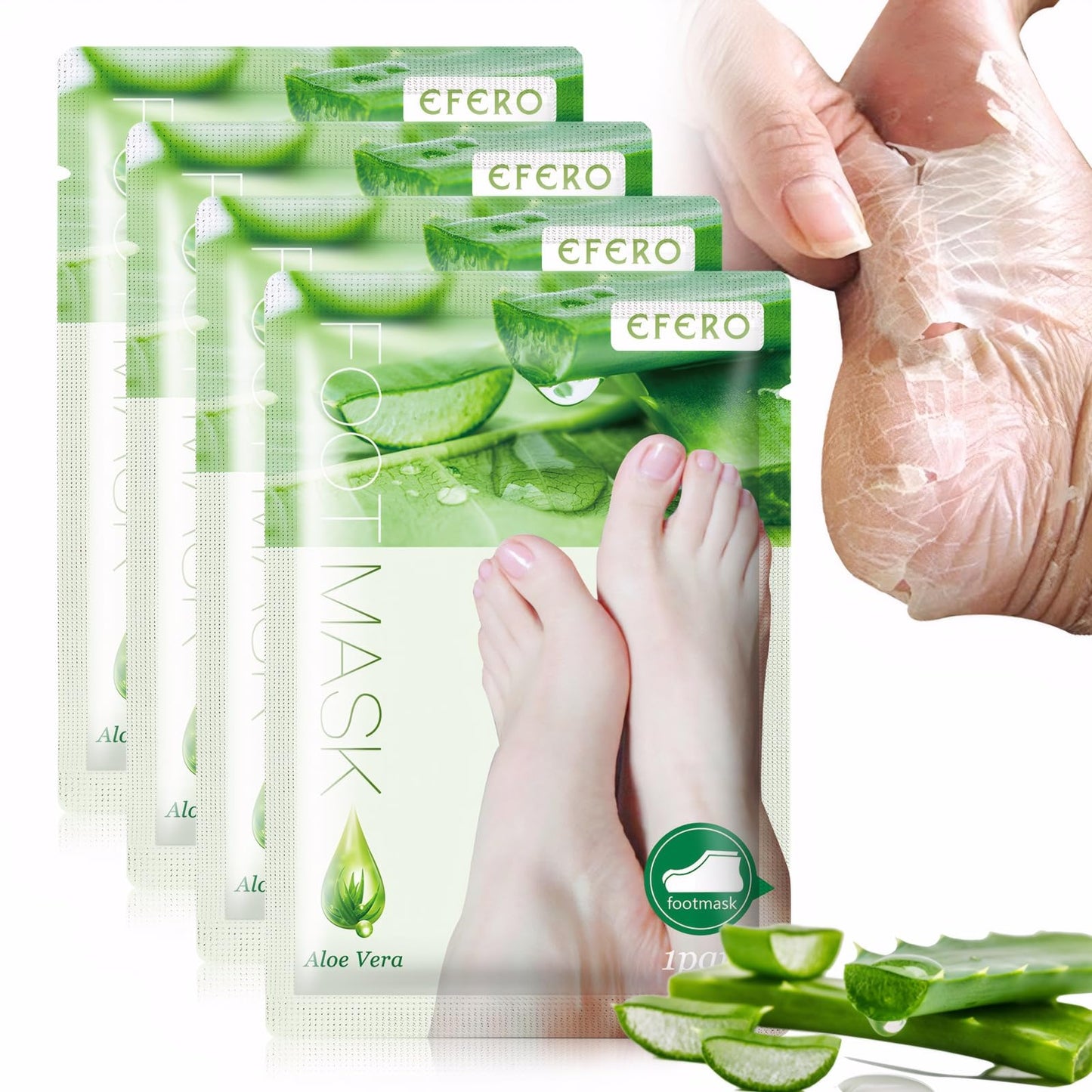 Foot Peel Mask for Hard Skin, 4 Pairs Foot Exfoliating Socks, Moisturizing Foot Care for Callus Remover, Cracked Heel, Dead & Dry Skin - Baby Soft Smooth Touch Feet(Aloe Vera)