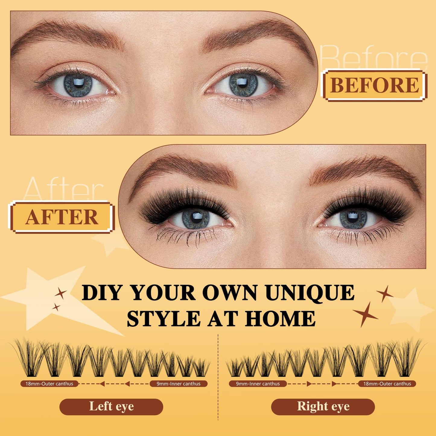 QUEWEL 3D Lash Clusters Kit, 240 PCS Cat Eye Eyelash Clusters 80D+100D Wispy Cluster Eyelash Extensions, Easy to Use Left&Right Lash Extension Kit Reusable Waterproof for DIY at Home (3D 80D+100D-KIT)