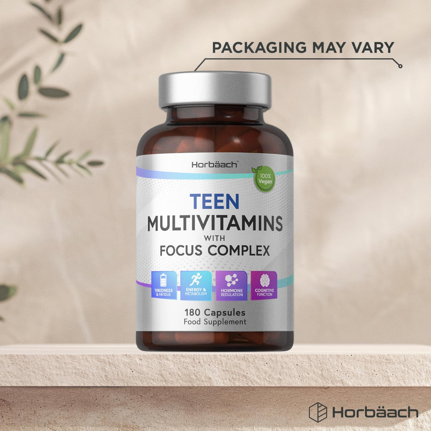 Horbäach Multivitamin Tablets for Teenagers with Focus Complex | 180 Capsules | High Strength Complex with Vitamin B6, B5, Magnesium, Iron and Zinc | Vegan Supplement for Teens 13+ | By Horbaach