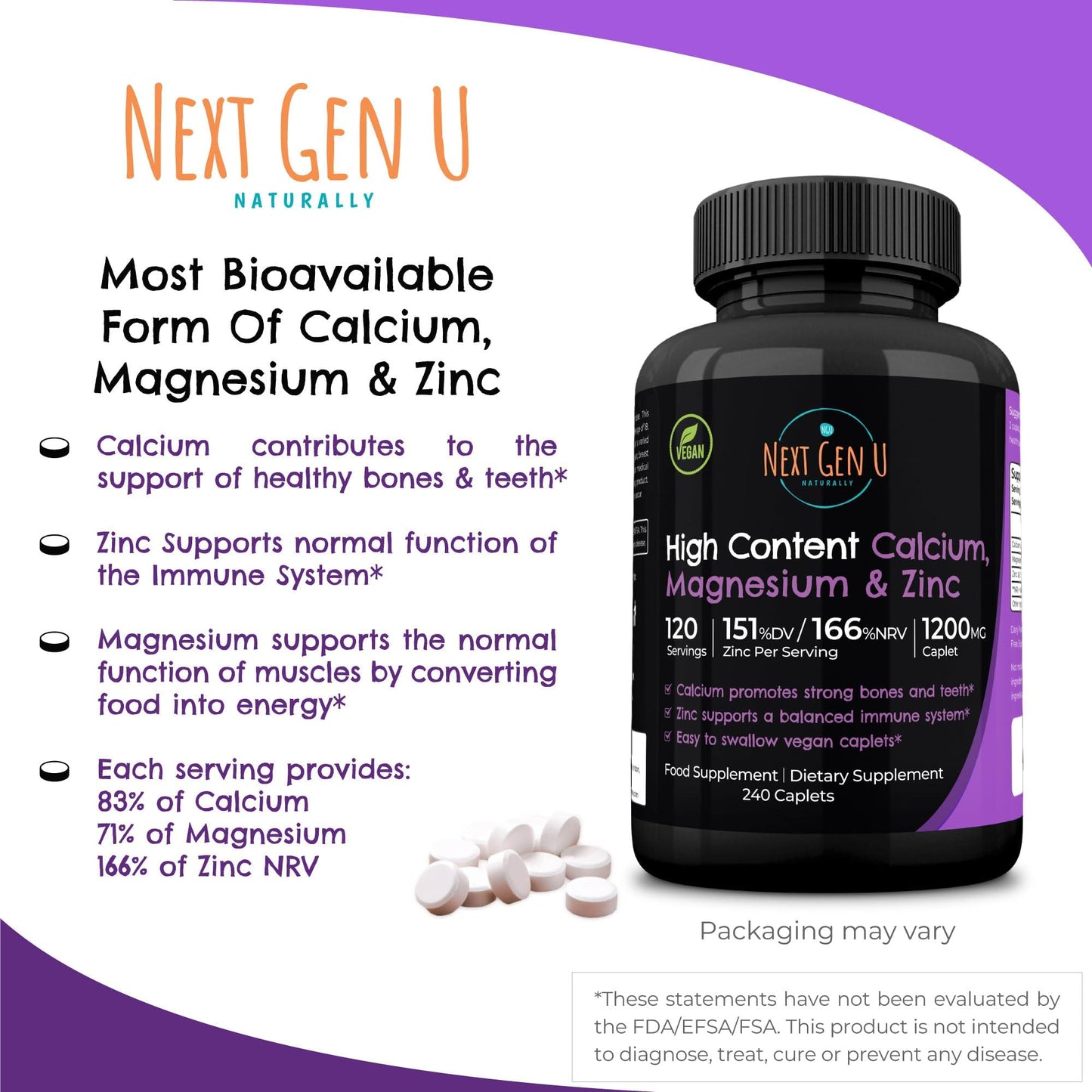NGU Next Gen U Calcium Magnesium Zinc - Essential Mineral Supplement - 240 Vegan Caplets - for Immune Support and Bone Strength - for Adults Women and Men - by NextGenU
