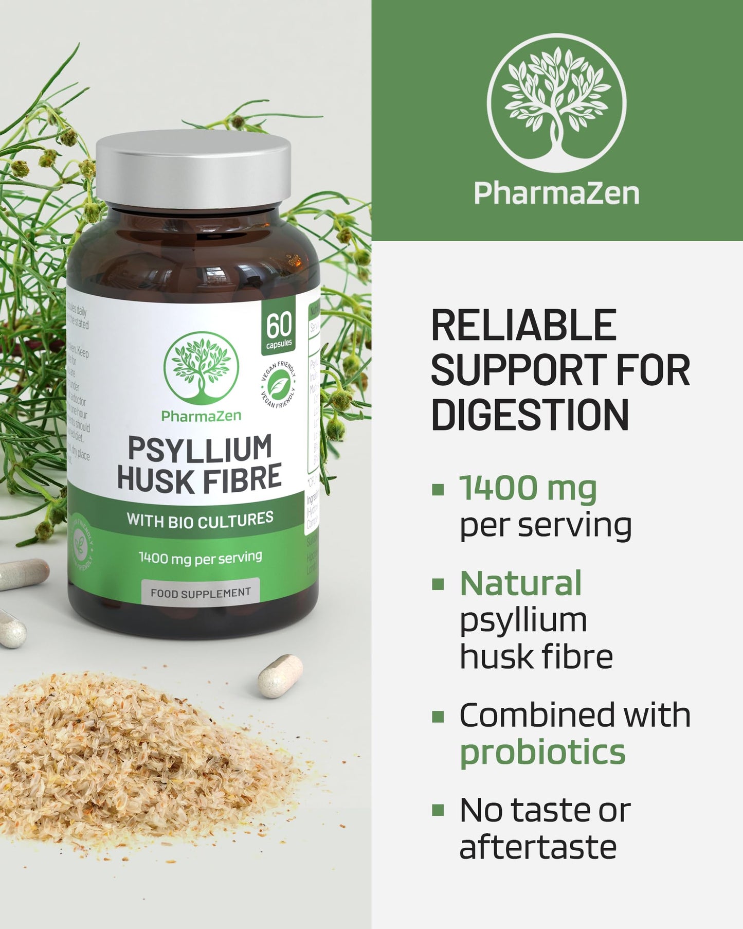 PharmaZen Psyllium Husk Capsules with Probiotics - Fibre Supplement Complex 1400mg - 60 Capsules - 6 Billion Probiotics 5 Strains