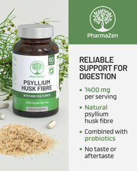 PharmaZen Psyllium Husk Capsules with Probiotics - Fibre Supplement Complex 1400mg - 60 Capsules - 6 Billion Probiotics 5 Strains