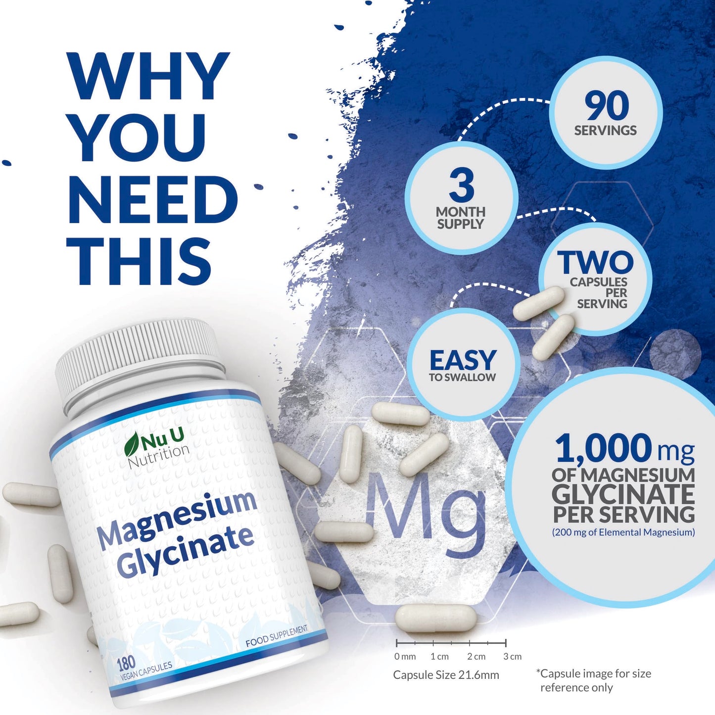 Magnesium Glycinate Supplements 1000mg (Bisglycinate) - 180 High Strength Vegan Capsules - 3 Month Supply - Providing 200mg of Elemental Magnesium - Nu U Nutrition