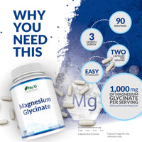Magnesium Glycinate Supplements 1000mg (Bisglycinate) - 180 High Strength Vegan Capsules - 3 Month Supply - Providing 200mg of Elemental Magnesium - Nu U Nutrition