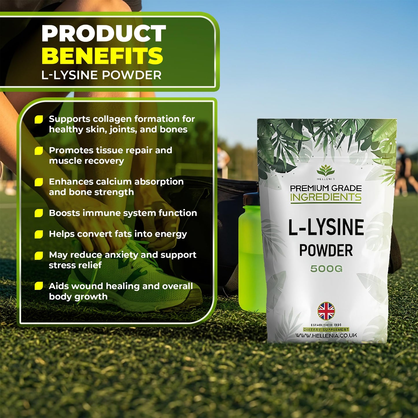 L-Lysine Powder - 500g - Premium Grade Ingredients | Essential Amino Acid for Fitness | Premium Amino Acid Lysine - GMP Certified Product - Made for Hellenia