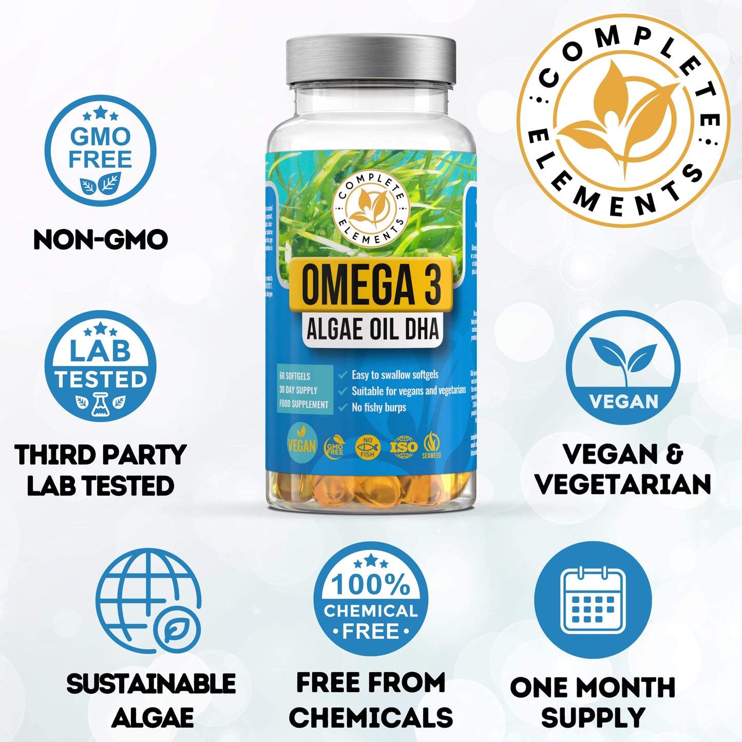 Vegan Omega 3 Algae Oil | Sustainable Algal Alternative to Fish Oil | 60 High Strength Capsules | 400mg DHA Supplement with Vitamin E | Vegetarian Essential Fatty Acids | UK Small Family Company