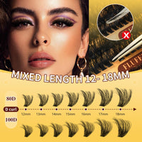 QUEWEL DIY Lash Extension Kit 320Pcs 80D+100D Fluffy Cluster-Lashes Mix 12-18mm Thick Eyelash-Clusters Bond and Seal Lash Kit and Lash Tweezers Easy DIY at Home(80D+100D Fluffy Kit)