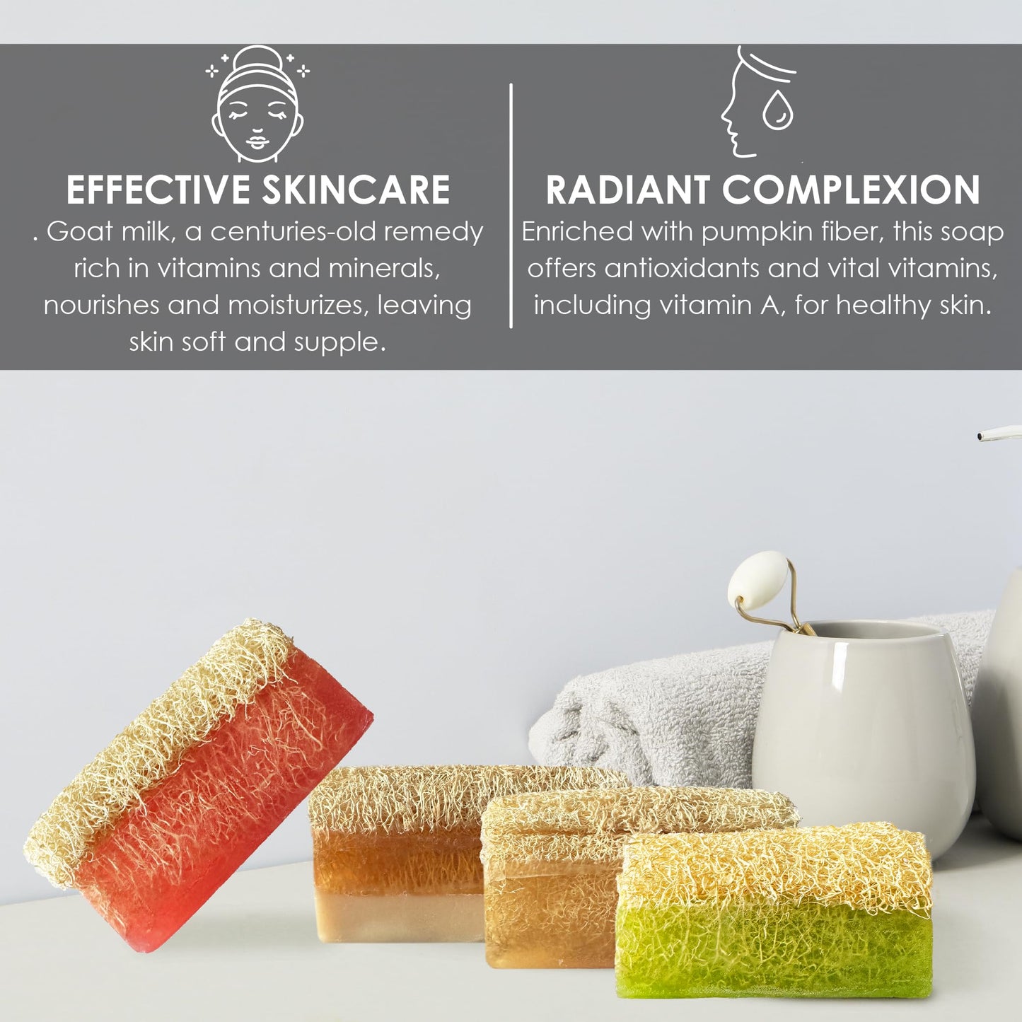 STORELUXY 2-Pack 260gr Rice Extract Soap Bar With Pumpkin Fiber Natural Handmade Loofah | Oil Balance, Dark Spots, Blackheads and Acne, Vitamins B and E, Anti-Aging, Reduces Sunspots and Freckles