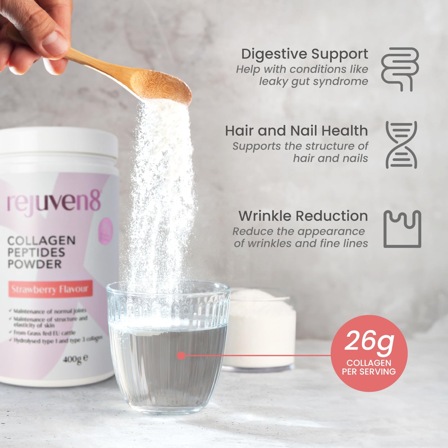 Rejuven8 Collagen Peptides Powder - 400g Strawberry Flavour - 26g of Collagen and 24g of Protein Per Serving - Grass Fed Bovine Collagen Powder for Women & Men - Protein Collagen Powder