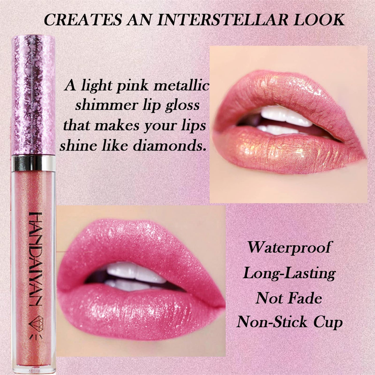 GEEWHILE Lip Gloss Metallic Lipstick Glitter Lipgloss, Shimmer Non-Stick Cup Light Pink Lip Gloss, Lipsticks for Women Long-Lasting Waterproof Metallic Shimmer Liquid Lipstick Sparkle (#02)