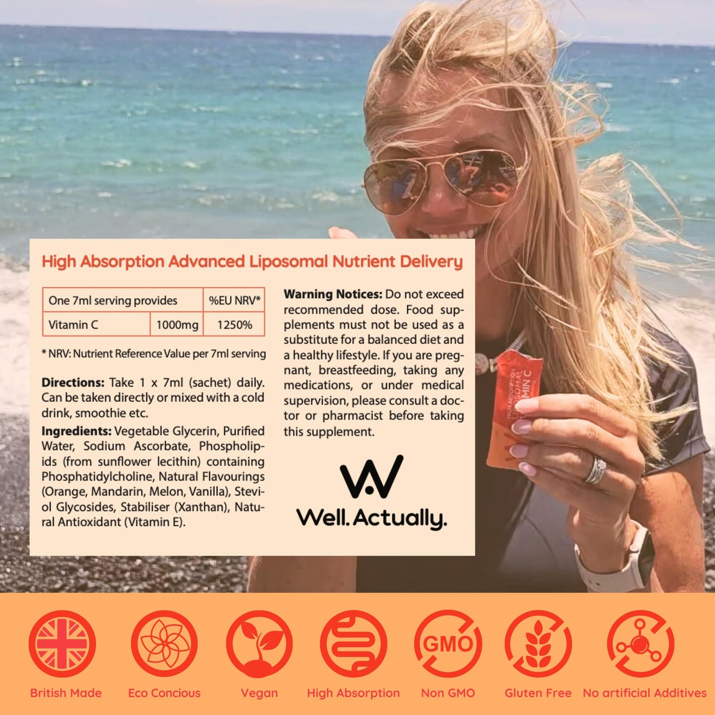 well actually WELL ACTUALLY Liposomal Vitamin C 1000mg Sachets - High Bioavailability Liquid Vitamin C Supplement - Supports Immunity, Skin, Brain, Joints, Energy - Vegan (30 Sachets)