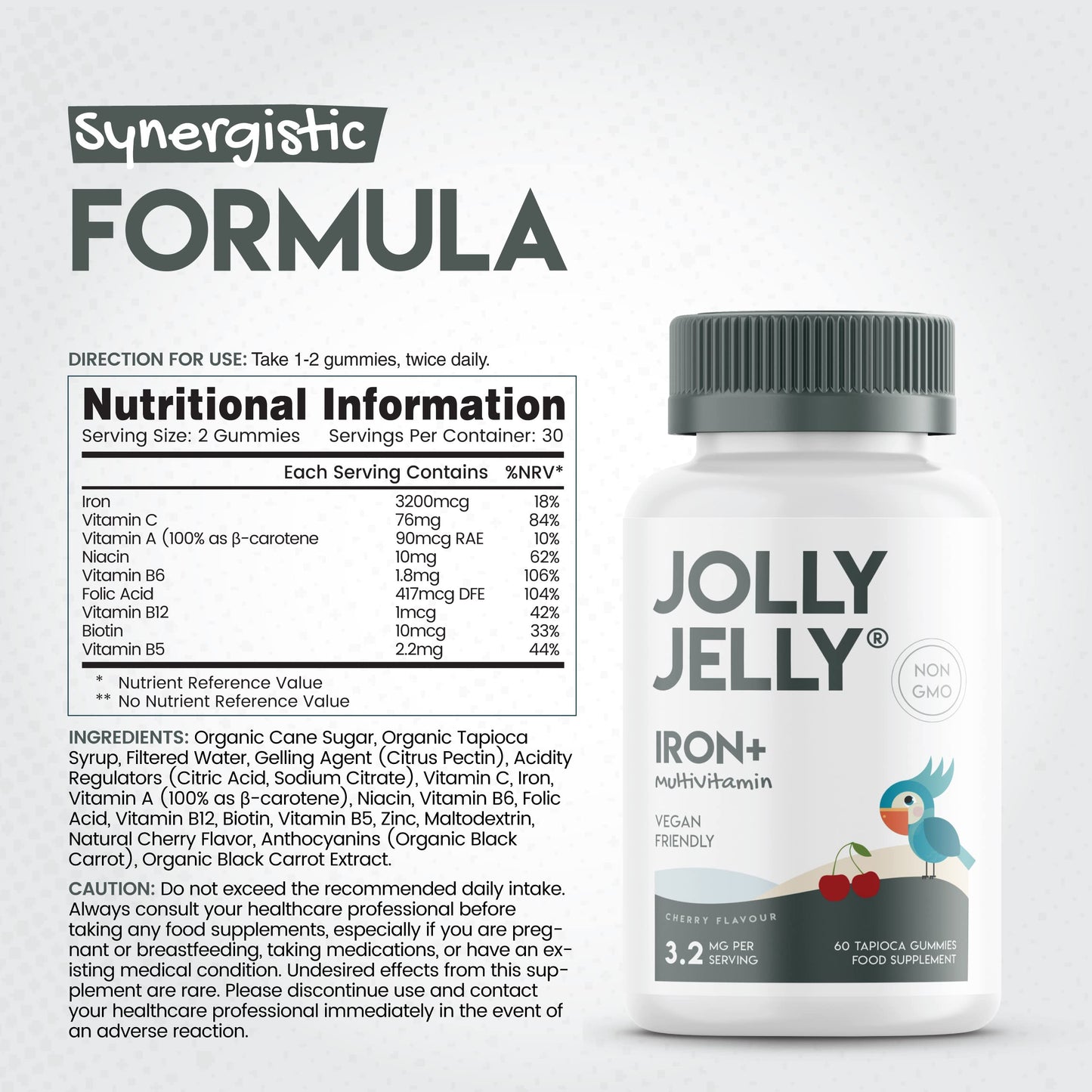JOLLY JELLY Iron & Multivitamins Tapioca Gummies - 3200mcg - Potent Formula for Energy & Immunity, Made with Organic Tapioca, Cherry Flavour - Kosher, Halal, Non GMO - 60 Vegan Fruity Gummies.