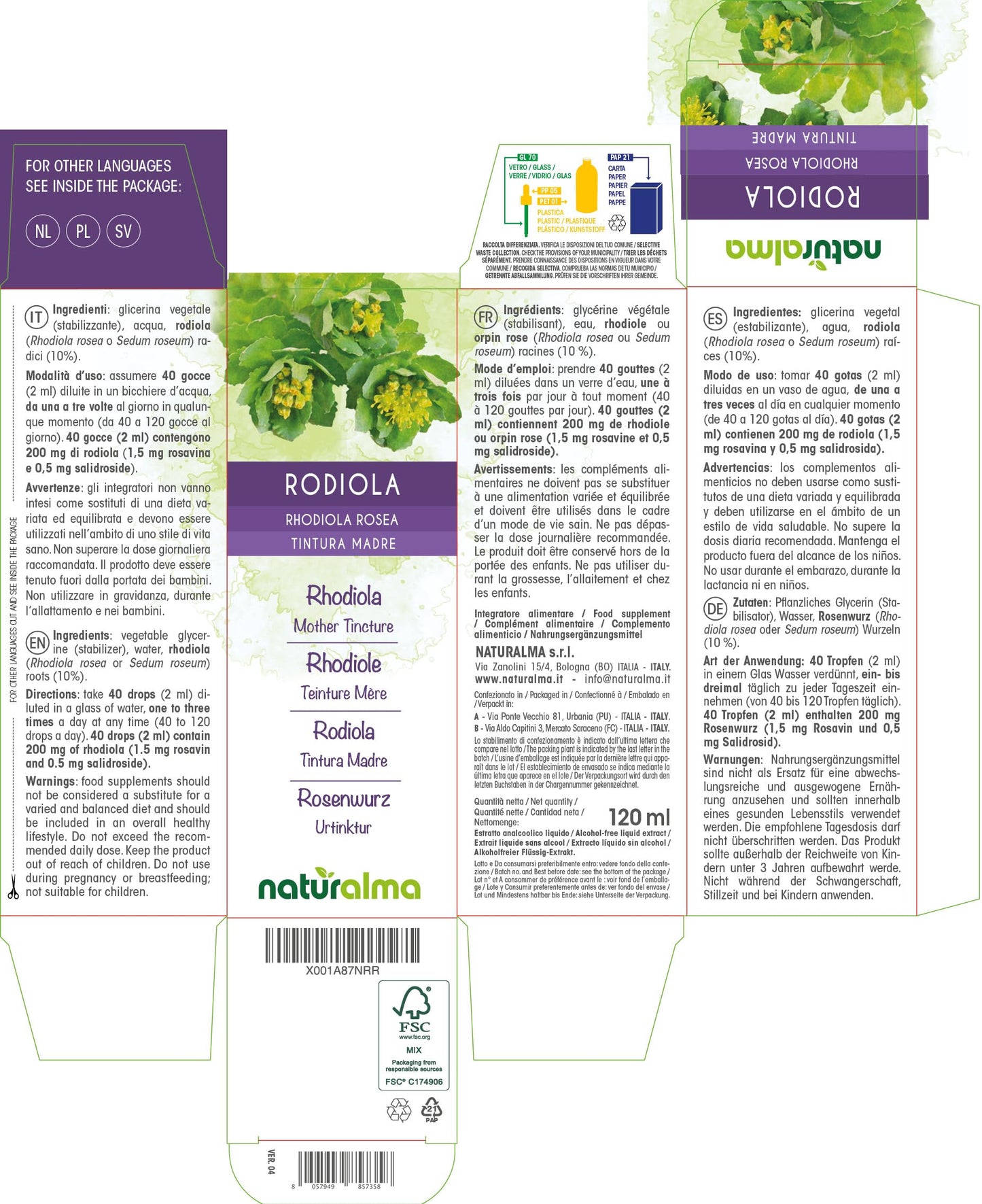 Rhodiola (Rhodiola rosea o Sedum roseum) Roots Alcohol-Free Mother Tincture Naturalma | Liquid Extract Drops 120 ml | Food Supplement | Vegan