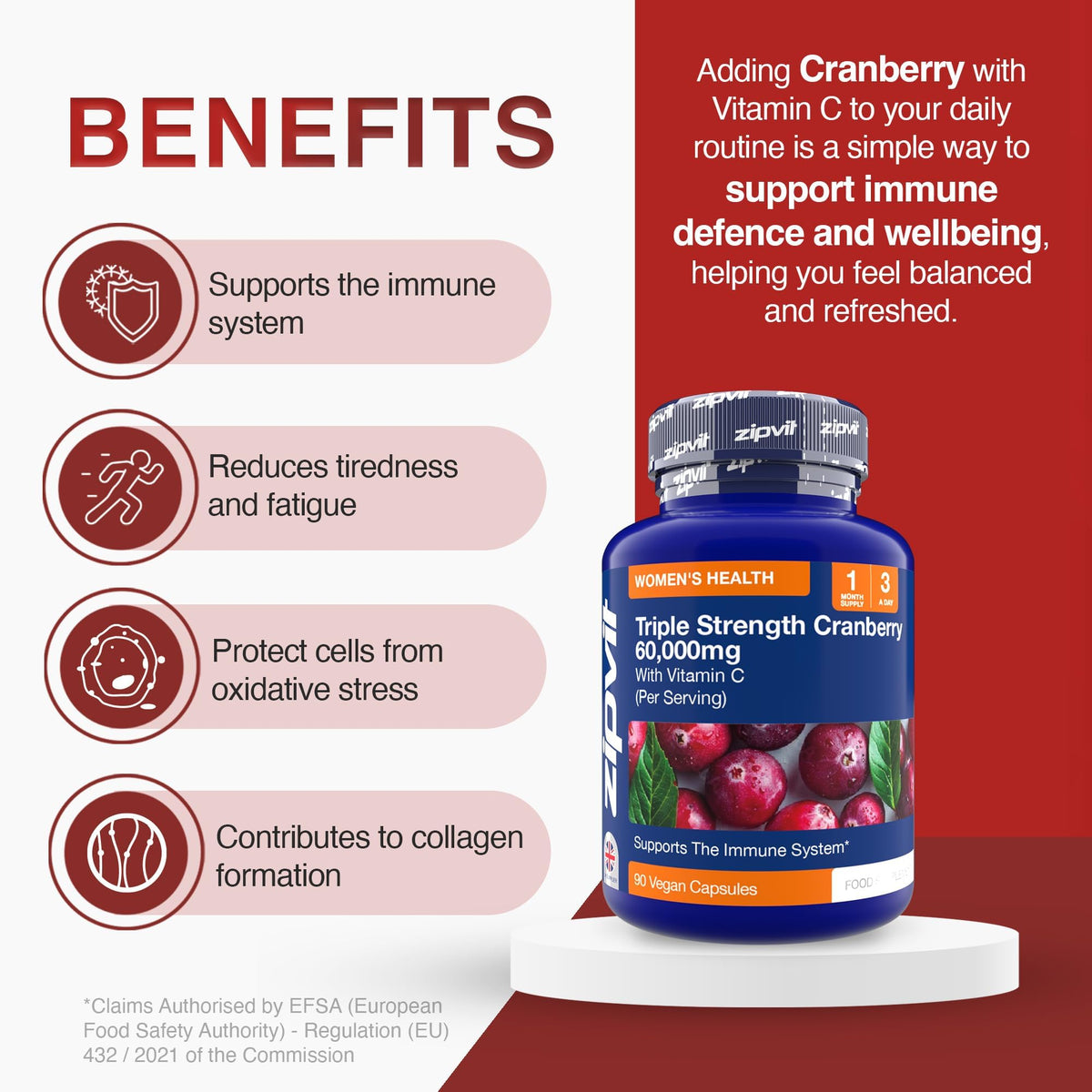 Zipvit Triple Strength Cranberry 60,000mg, High Strength Cranberry Extract with Vitamin C, 90 Vegan Capsules for Immune Support, 1 Month Supply, Supplement for Men & Women