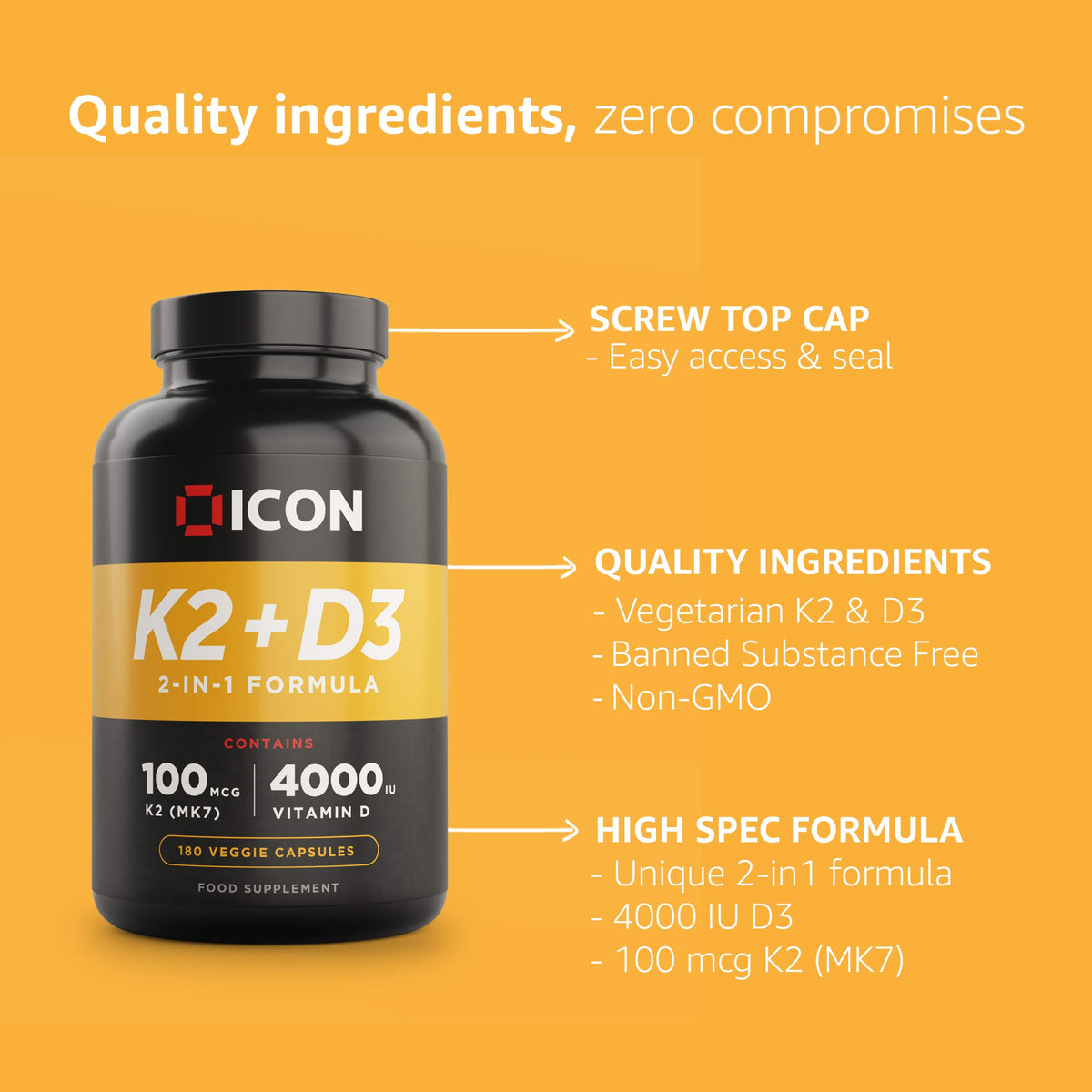 ICON Nutrition Vitamin K2 D3 Supplement, Vitamin D3 4000 IU and K2 Vitamin 100μg MK7 Capsules, Vegetarian Supplement, High Strength, Bone & Immune Health - 180 Count (6 Month Supply)