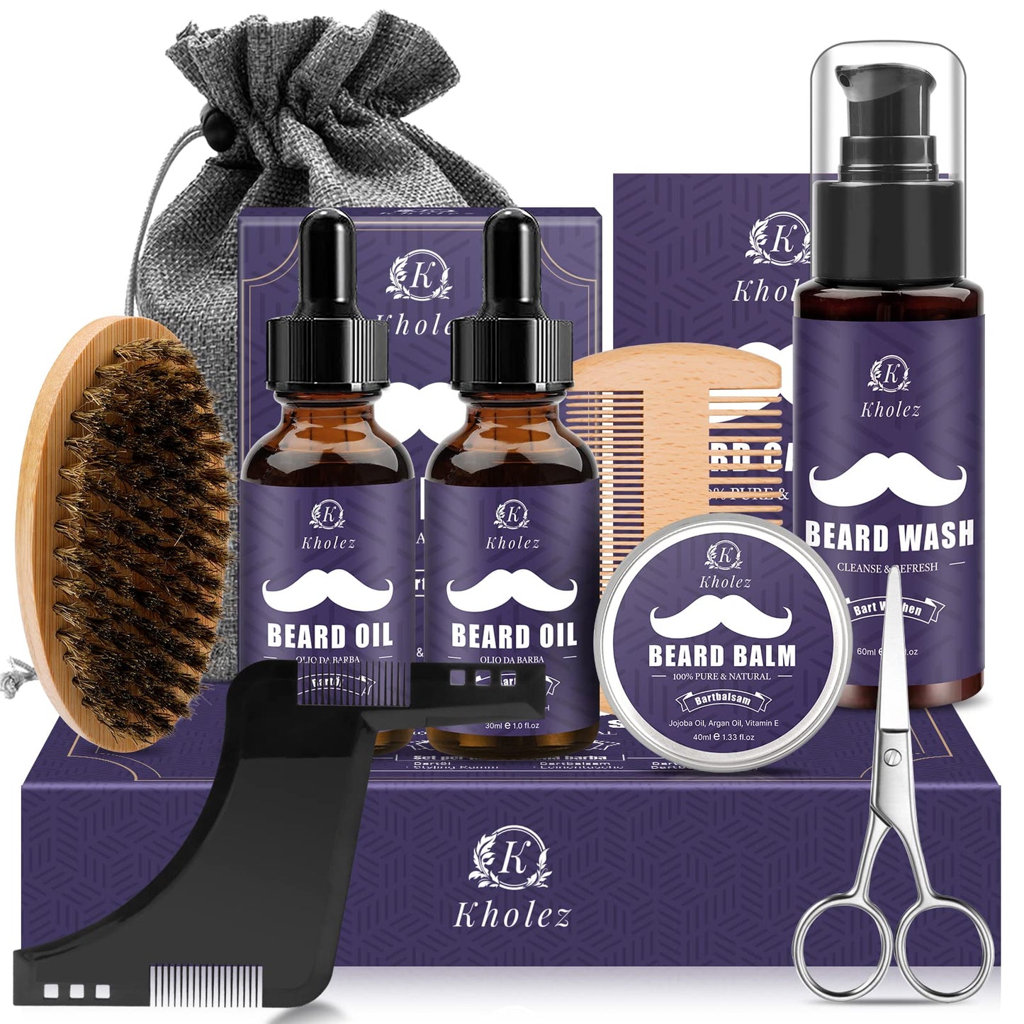 KHOLEZ Beard Grooming Kit, Beard Growth Kit w/2 Beard Oil/Beard Wash/Beard Balm/Beard Comb/Beard Brush/Scissors/Beard Shaper,Storage Bag,Beard Care & Trimming Kit Beard Kit Father's Day Gifts for Men Him