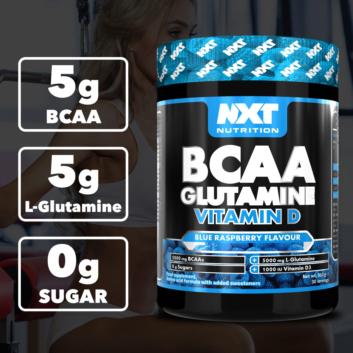 NXT Nutrition BCAA, Glutamine & Vitamin D | BCAAs Amino Acids with Vitamin D3 and L-Glutamine - for Recovery, Gut Health and Muscle Protein Synthesis | 360g - 30 Servings (Blue Raspberry)