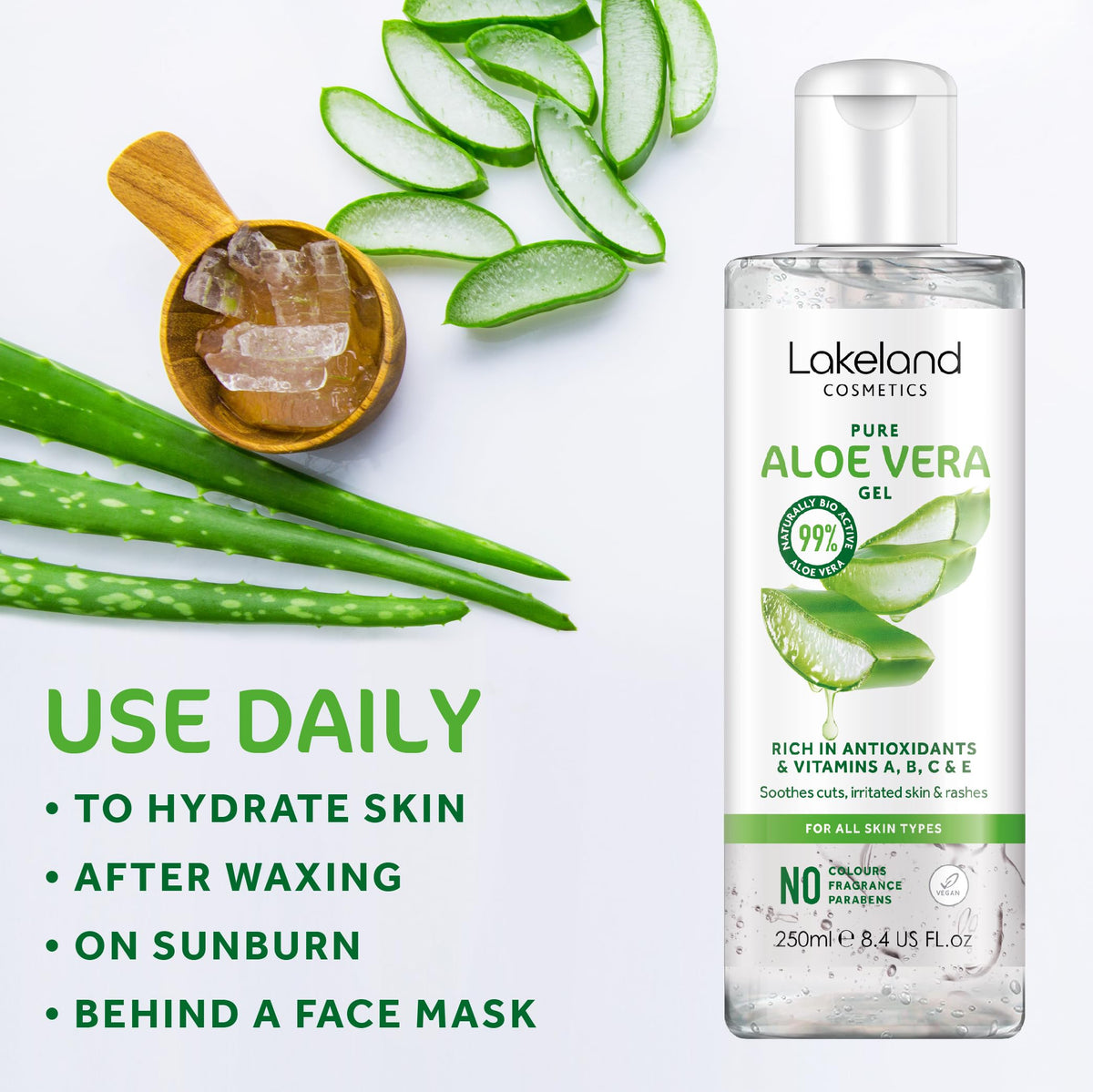 LAKELAND COSMETICS Lakeland Cosmetics Aloe Vera Gel 250ml contains 100% pure natural bio active aloe gel moisturiser, soothes cuts, irritated skin, burns & sunburn relief for face & body great aftersun lotion cream