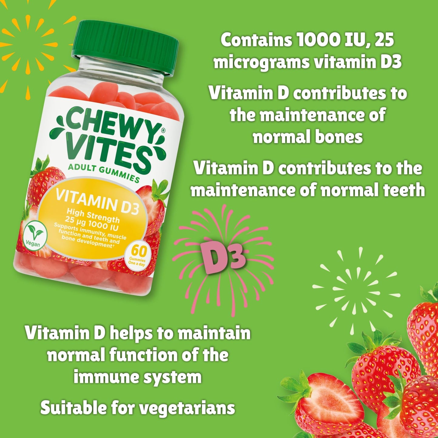 CHEWY VITES Chewy Vites Adult High Strength Vitamin D3, 60 Vitamin D Gummies, 25 micrograms 1000 IU, 2 Months Supply, Vegan, Real Fruit Juice, Strawberry Flavour