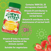 CHEWY VITES Chewy Vites Adult High Strength Vitamin D3, 60 Vitamin D Gummies, 25 micrograms 1000 IU, 2 Months Supply, Vegan, Real Fruit Juice, Strawberry Flavour