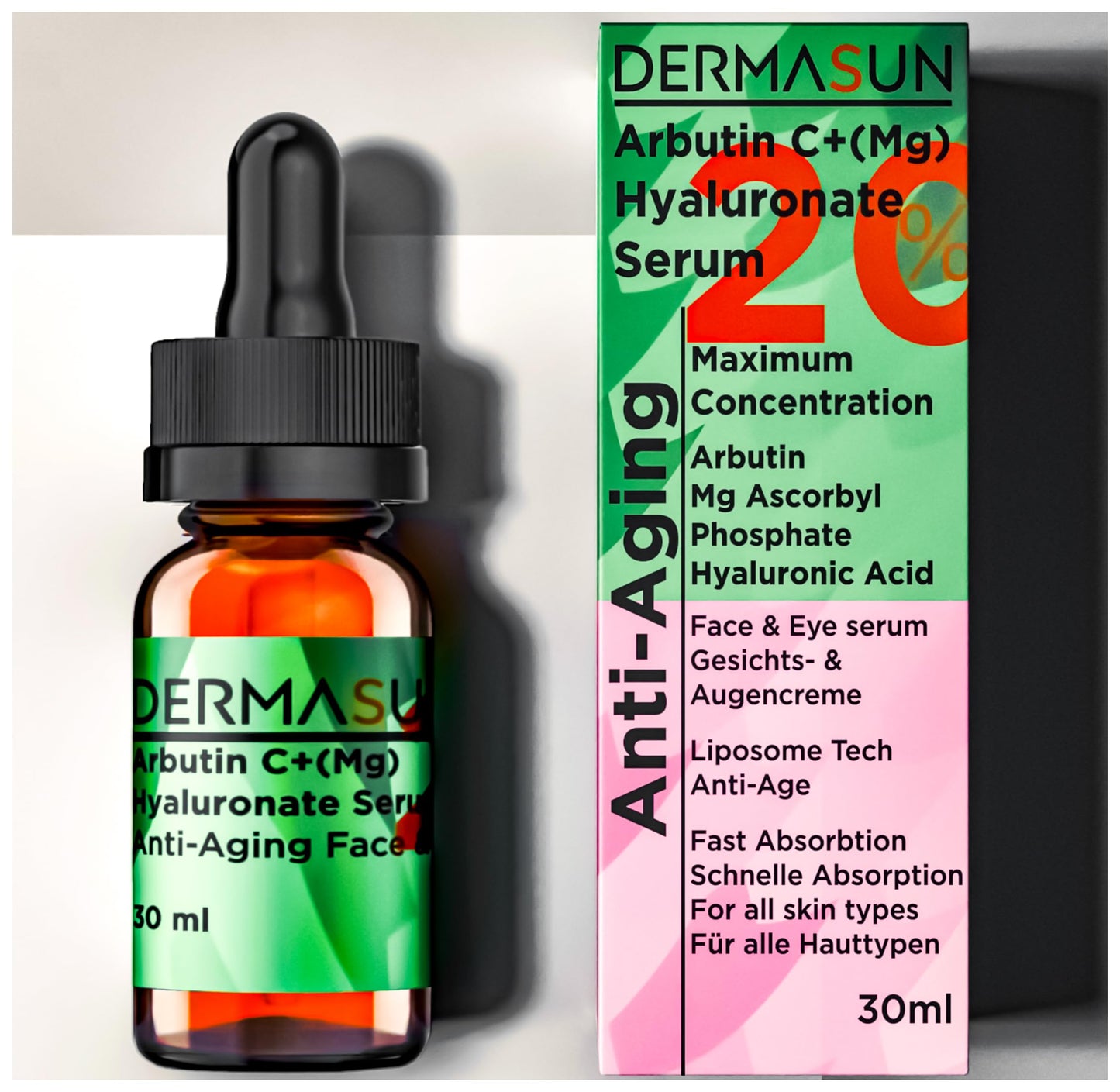 DERMASUN 20% Liposomal Vitamin C (Magnesium Ascorbyl Phosphate) + 1% Arbutin & 1.5% Hyaluronic Acid Moisturising Cream Eye & Face Serum - Anti-Ageing Fatigue Against Stains, Wrinkles & Dark Circles
