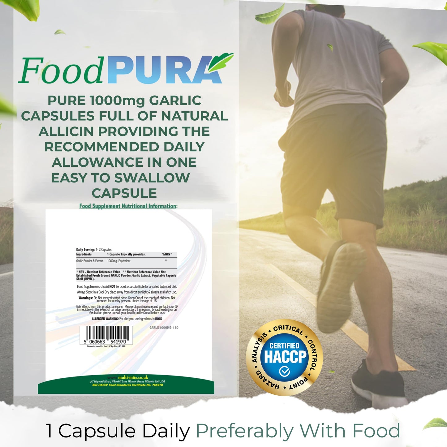 FoodPURA 180 X Pure Garlic Capsules Recommended Daily Strength 1000mg - Capsules are The SAFEST Way to take Any Supplement! HACCP Certified, Manufactured in The UK.