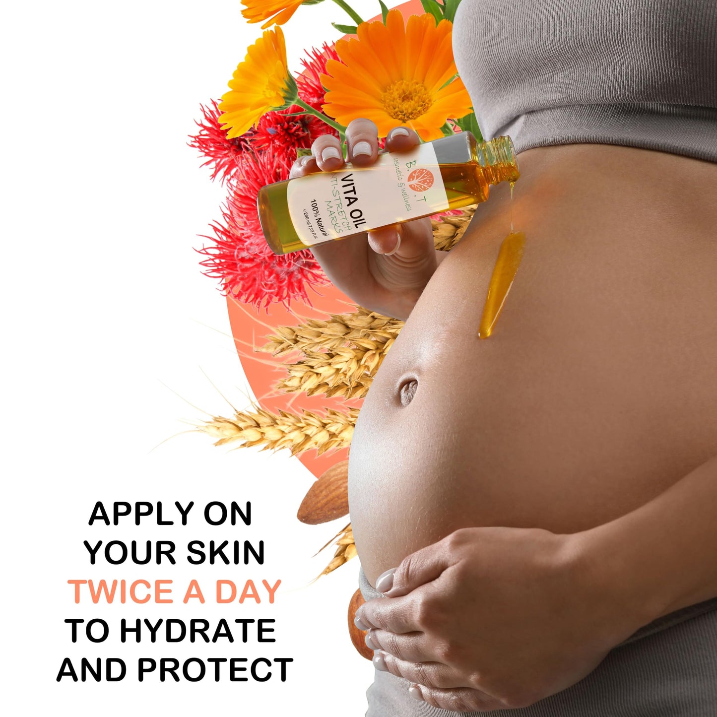 B.O.T cosmetic & wellness Vita Oil Anti-Stretch Marks: Pregnancy Stripes, Body Firming Oil, Tackles Skin Sagging by 87%, Enhances Skin Appearance, Elasticity Booster (Almonds, Vitamins A & E) - 200 ml