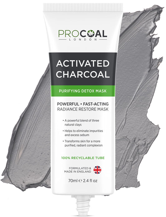Charcoal Face Masks Skincare for Men and Women 70ml by Procoal - Clay Mask Targets Clogged Pores, Impurities, Toxins & Excess Oil, 100% Recyclable Packaging, Cruelty-Free - Made in UK