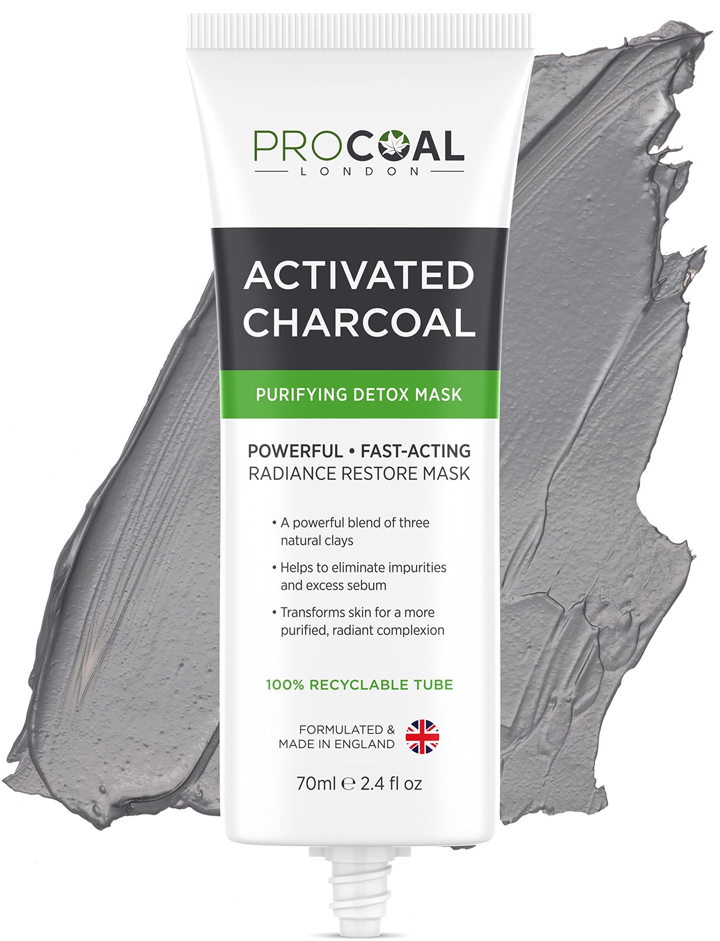 PROCOAL Charcoal Face Masks Skincare for Men and Women 70ml by Procoal - Clay Mask Targets Clogged Pores, Impurities, Toxins & Excess Oil, 100% Recyclable Packaging, Cruelty-Free - Made in UK