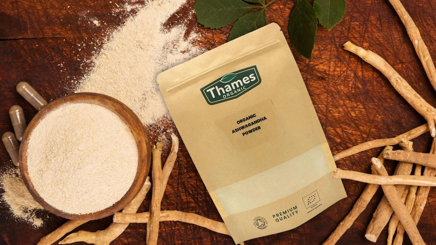 Organic Ashwagandha Powder - Pure Root Powder, Raw, Vegan, Non-GMO, No Additives or Preservatives, Promotes Relaxation - Thames Organic 500g