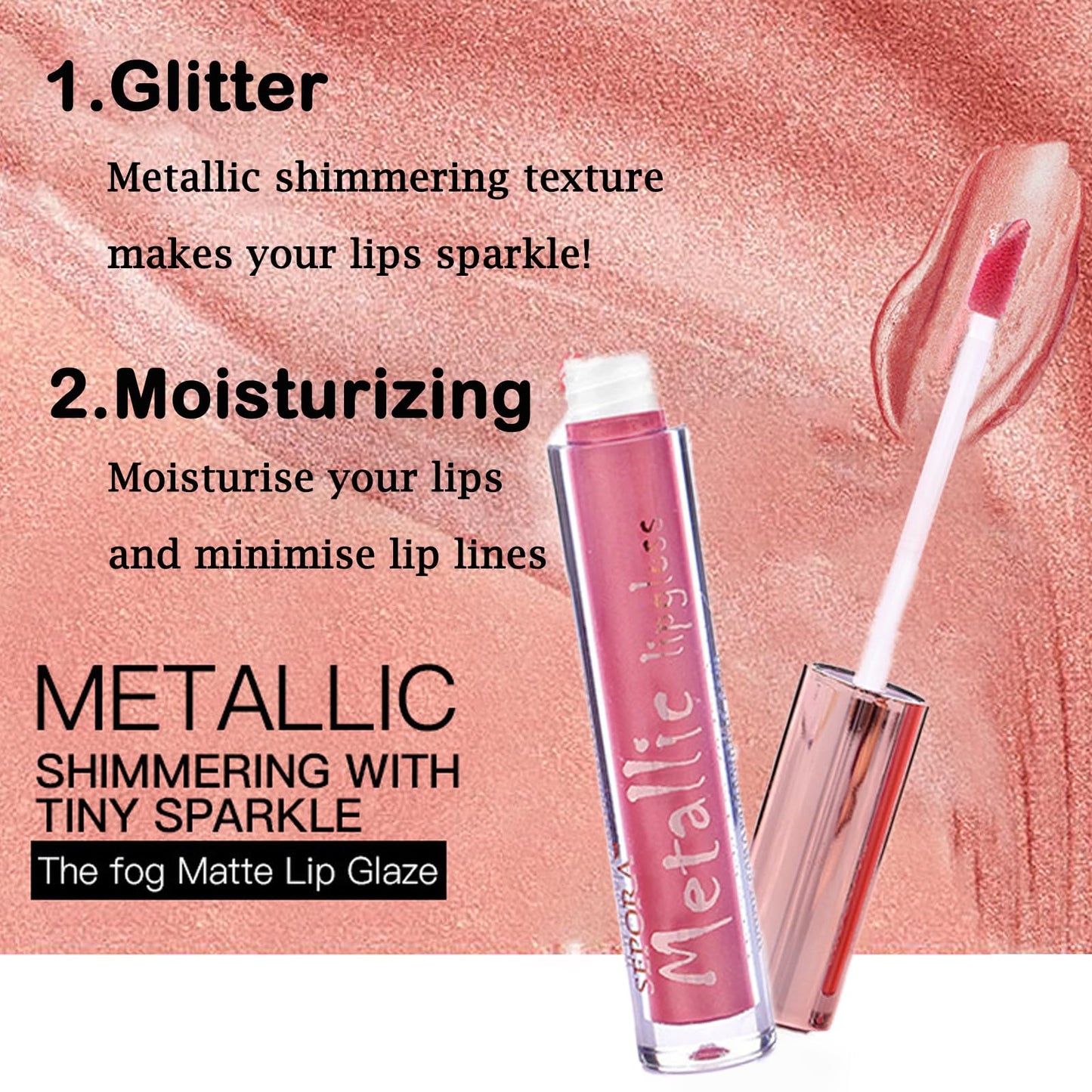 QUIWEN Metallic Shine Glitter Lipstick, Glitter Pink Lip Gloss Matte Lipsticks For Women Long Lasting Lightweight Soft Metallic Lipstick Waterproof Non-Stick Cup Not Fade Pink Lipstick Gift