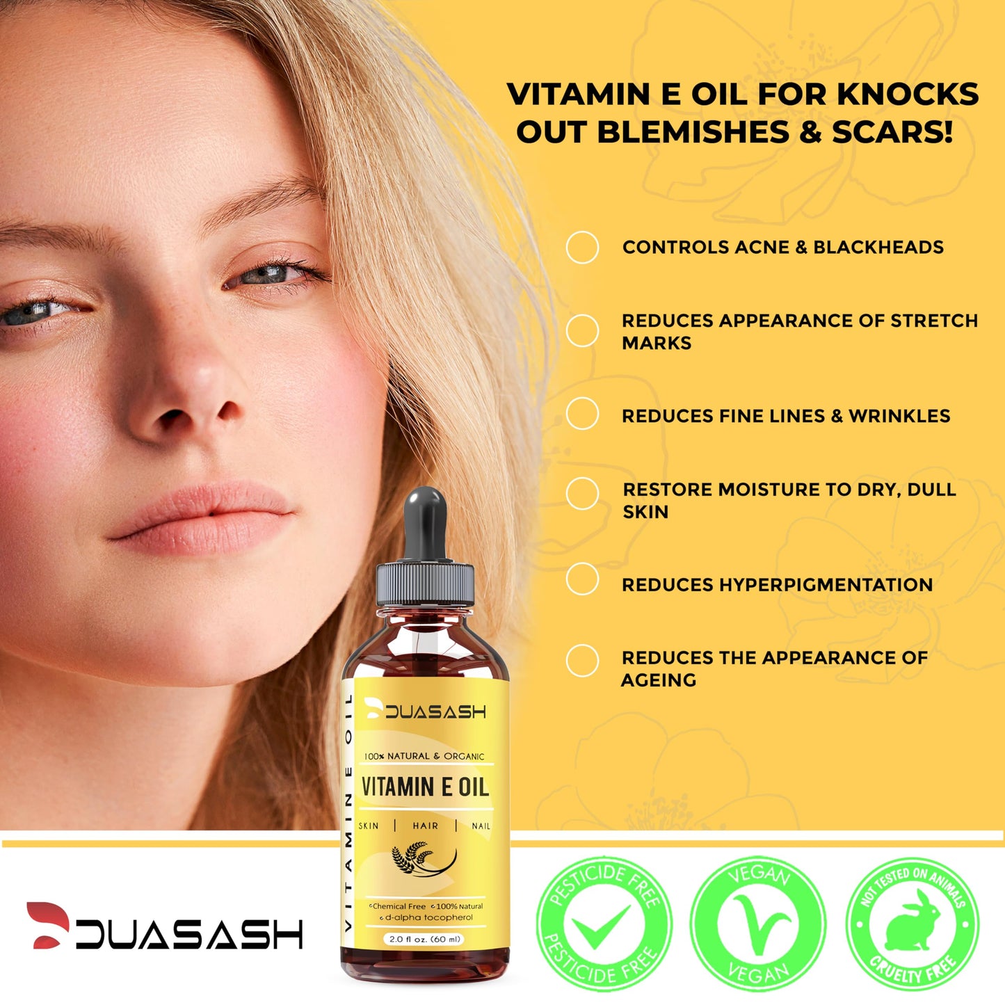 DUASASH Duasash Vitamin E Oil for Skin & Face Naturally Sourced Plant-Based Organic 100% Pure Vitamin E Oil for Hair Growth d-Alpha-tocopherol Body Oil for Women & Men, Moisturizes Skin, Hair, Nails 60ml