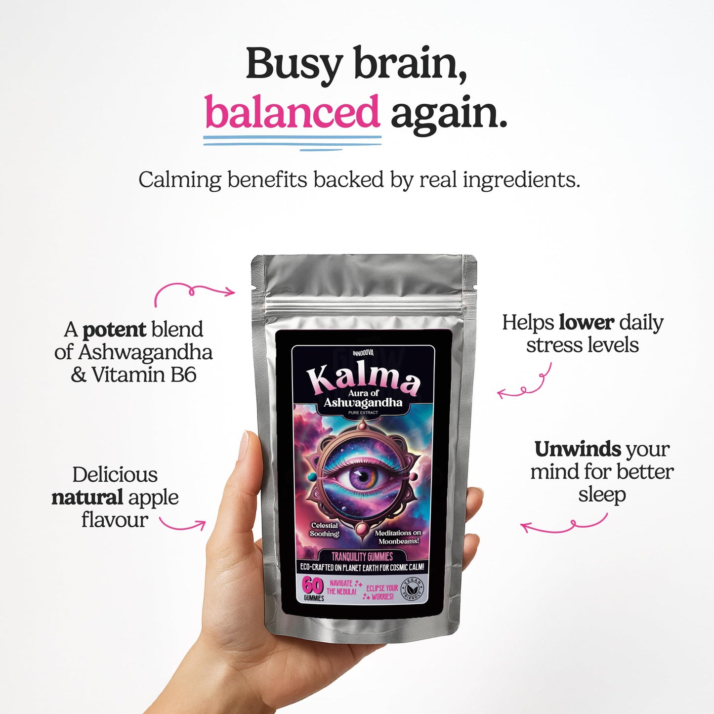 Innooova Kalma Ashwagandha Gummies, 3000mg Helps Reduce Stress, Boost Focus and Improve Sleep, Ashwagandha Root Extract Supplement, Natural Ingredients, Vegan, Gluten-Free Apple Flavour 60 Gummies