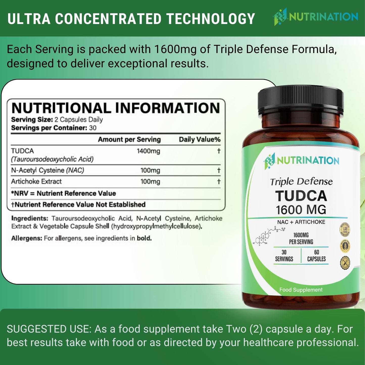 NUTRINATION Tudca Supplement 1600mg | 99.2% Pure 1400mg TUDCA, 100mg Artichoke Extract & 100mg NAC | 60 High Potency Capsules | Tauroursodeoxycholic Acid - Bile Salt for Liver Support & Digestion | Lab Tested